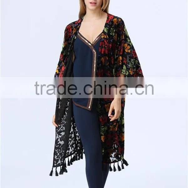 Colourful Burnout Velvet High Quality Fabric Women Kimono Cardigan With Tassel Hem Detail photo-3