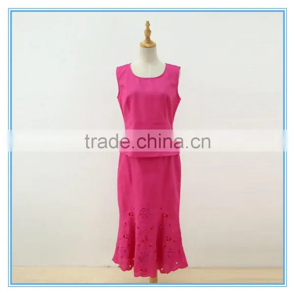 Linen Fabric Floral Embroidery Monogram Scallop Church Suits For Lady photo-4