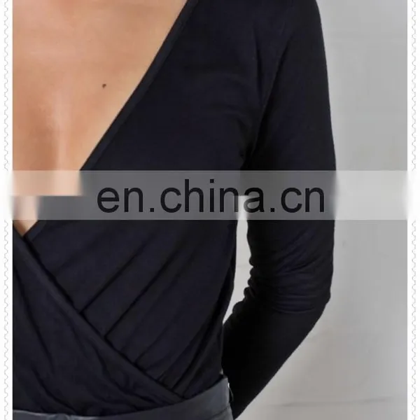Wholesale Cheap Price Sexy V Neck Cut Long Sleeves Black Women Tight Bodysuit photo-5