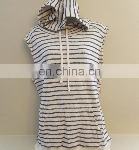 Womens Printed Stripe Sleeveless Funnel Neck Hoodie Top Shirt Natural Navy photo-2