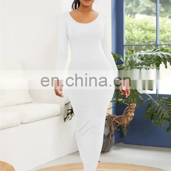 2020 Wholesale Casual Cotton Fall Winter Solid Color Pencil Maxi Dress Long Sleeve Bodycon Dresses Women photo-6