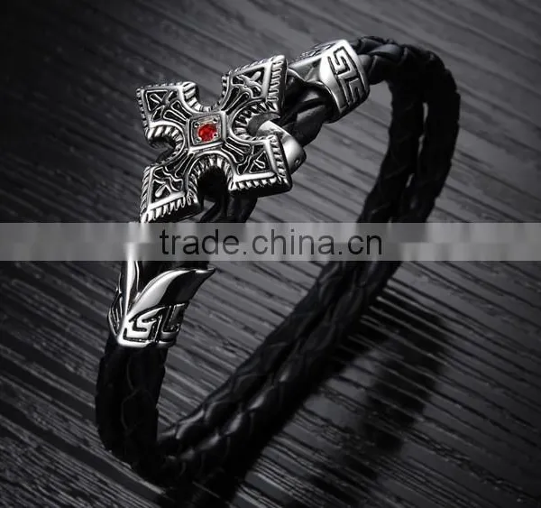 Genuine Cow Leather Weave Bracelets Titanium Steel Big Brand Vintga Antic Cross Man Bracelet photo-3