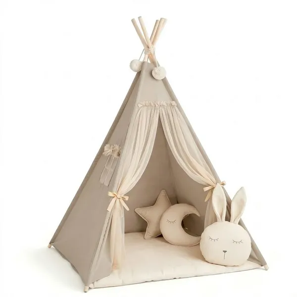 Boho Style Teepee Tent for Kids With Curtains and Mesh Door ,Teepee Tent for Kids, Foldable Play Tent for Girls & Boys, , Cozy Warm Room Decor photo-4