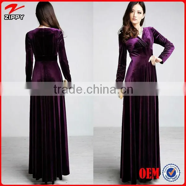2014 Long Sleeve Velevt Evening Dresses Elegant Purple Long Dresses Long Sleeve Velevt Evening Dresses of Velvet Dresses photo-2