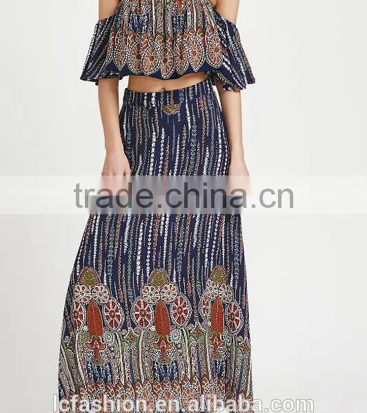 Multicolor Vintage Print off Shoulder Two Piece Set Boho Ruffle Top and Long Skirt photo-2