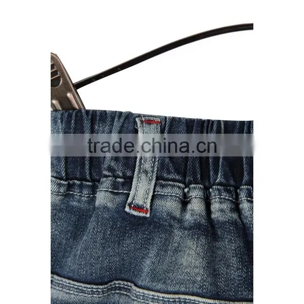 New Products Good Quality Elastic Waist Roll up Hem 3D Rose Printing Blue Wholesale Jeans Pants for Kids photo-3