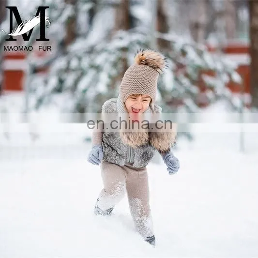 Kids Winter Knitted Hats Children Three Fur Pom Poms Hat Baby Hat With Hair photo-3