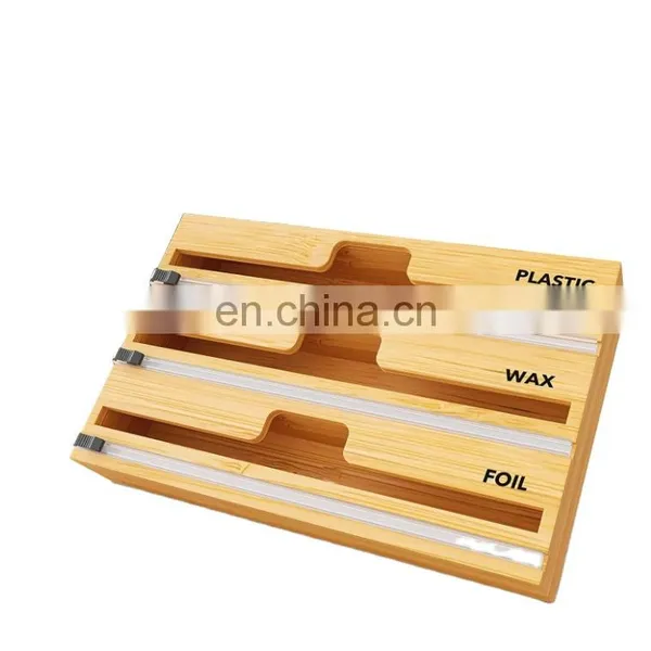 Eco-friendly Bamboo 3 in 1 Foil and Plastic Wrap Dispenser With Slide Cutter Wall Mount Kitchen Tabletop Home Storage Organizer photo-4