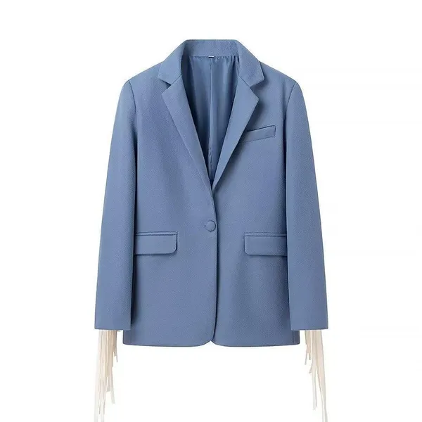 New American Retro Blue Design With Tassel Loose Jacket and Suit Top