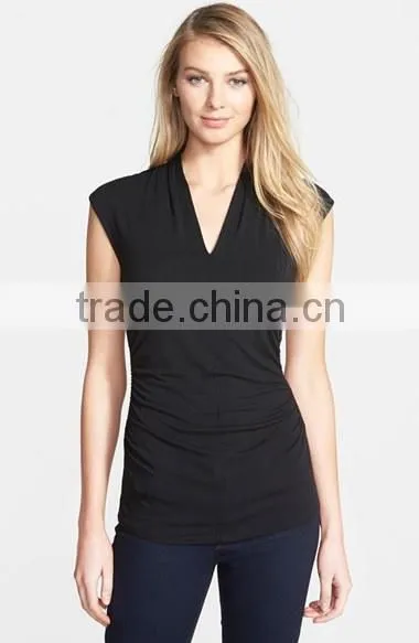 Ladies Black Ruched Side Deep V-Neck Sleeveless Halter Top photo-6