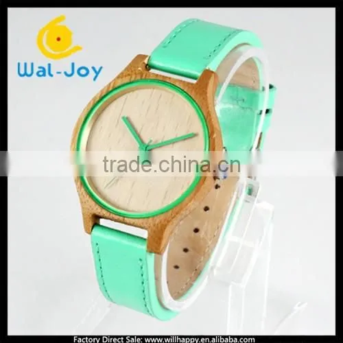 Hot Sale Newest Wood Case With Leather Band Fashion Colorful Ladies Watch(WJ-3910)