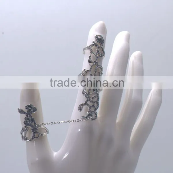 Cheapest Hot Sale Two Finger Rings Rhinestone Stainless Steel Silver Rings photo-2