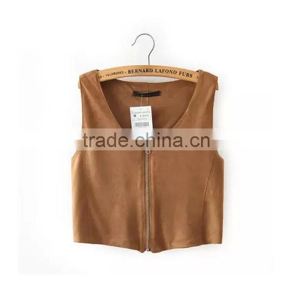 Trendy Retro Full Zip Faux Suede Sleeveless Bodycon Short Crop Vest Tank Jacket Top photo-4