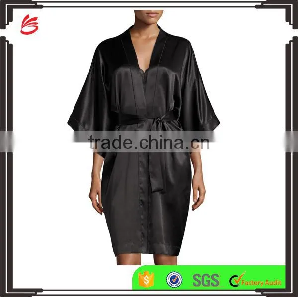 Contrast-Trimmed silk kimono robes night gown satin bathrobe