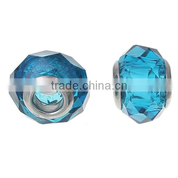 Lampwork Glass European Style Large Hole Beads Round Faceted Peacock Blue Transparent With 304 Stainless Steel Silver Tone Core photo-3