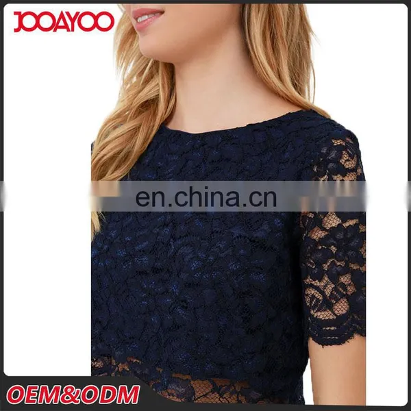 Custom Design Round Neck Navy Blue Floral Ladies Tops Short Sleeve Lace Ladies Sexy Crop Top photo-4