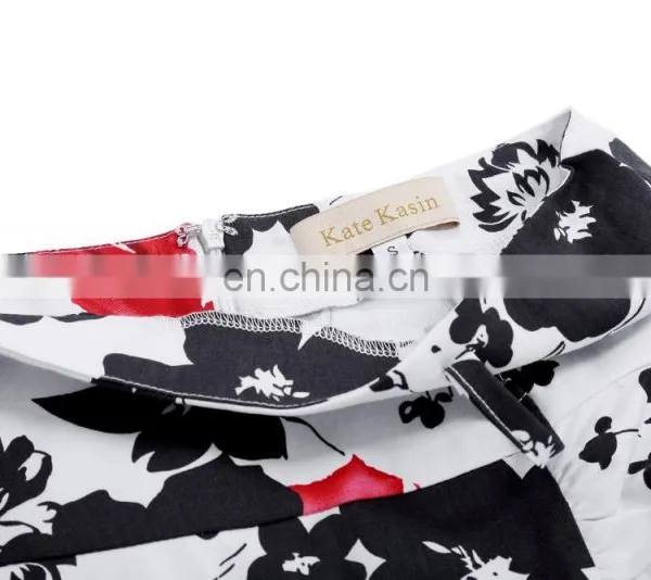 Kate Kasin Women's Shirred Detail Flower Pattern Cotton Pencil Skirt With Wide Belt KK000610-2 photo-4