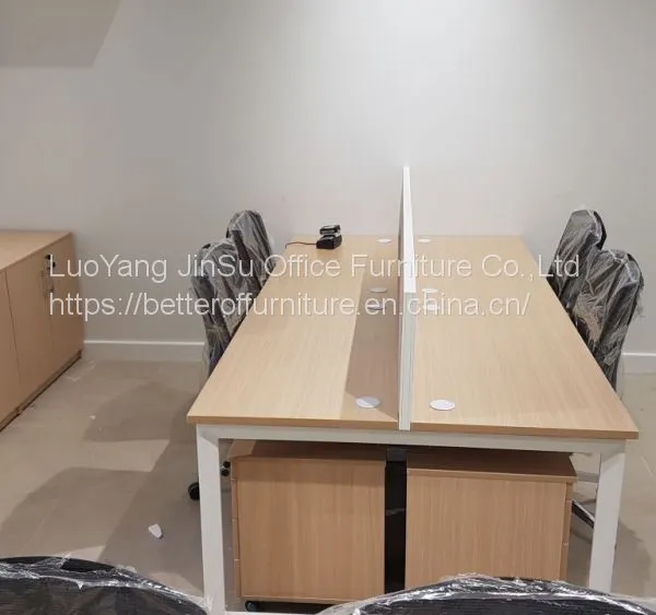 3 Person Staff Green Screen Office Workstation Desk Table Wooden Top and Steel Frame photo-2