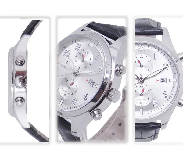 Stainless Steel Case Multi-function Watches Man Genuine Leather Dual Time Quartz Watch photo-5