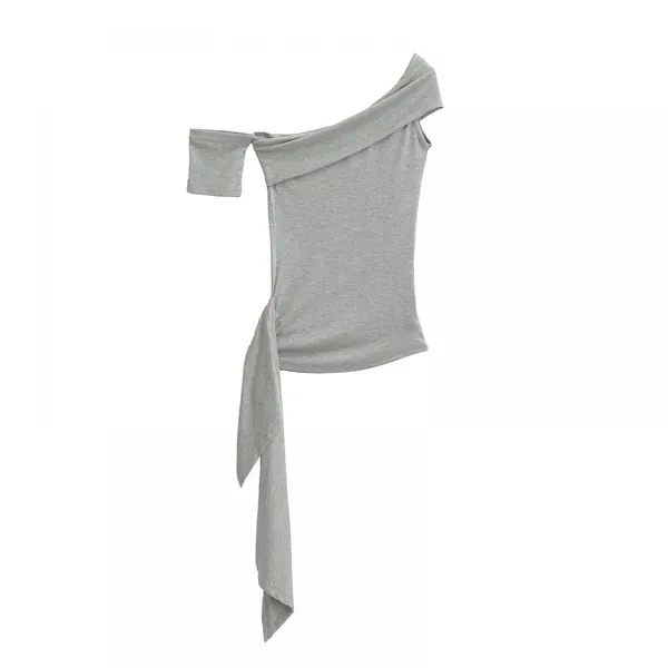 Pure Lustful Hot Girl Streamer One-shoulder Chest T-shirt Women's Summer Sexy Temperament Irregular Waist Short Sleeves photo-2