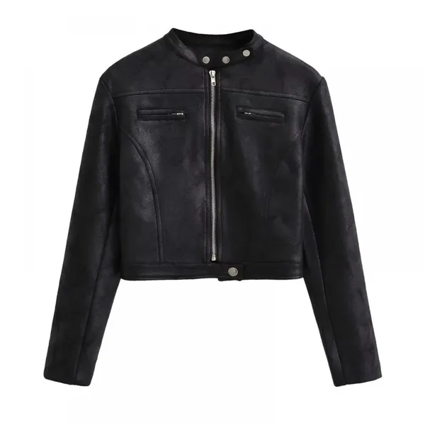 American INS High Street Retro Short Slim Motorcycle Jacket for Women in 2025 Autumn Vintage Color Leather Jacket and Suede Jacket photo-3