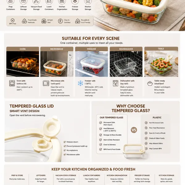 Borosilicate Glass Food Container With Airtight Tempered Glass Lid and Silicone Seal Ring BPA Free Meal Prep Lunch Box Set