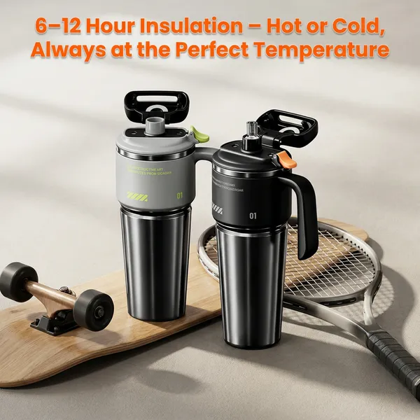Large Insulated Tumbler 1000ml - One-Touch Flip Lid Stainless Steel Water Bottle for Car Holder Office, 12H Hot Cold Drinks photo-2