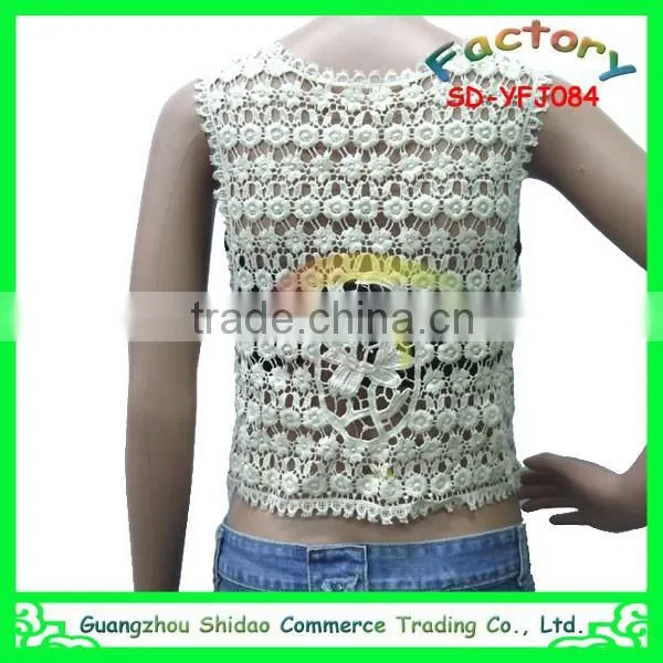 Women's Fashion High Quality Short Sleeve Embroidery Floral Lace Crochet Short Blouses photo-3