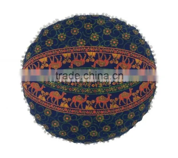 Elephant Print Round Floor Cushion Large Mandala Pillow Cover Decorative Throw Pillows Pom Pom Roundie Indian Cushion Cover photo-3