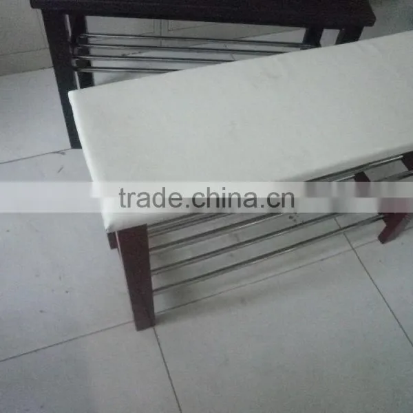 Wood Shoe Bench With Two Metal Racks and Fabric Floral Design Seat Cushion photo-2