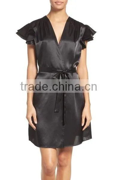Latex Design Wholesale Satin Robe Shirred Shoulders Double Layer Sweet Style Fashion Ladies Night Sexy Party Dress Wrap Robe photo-2