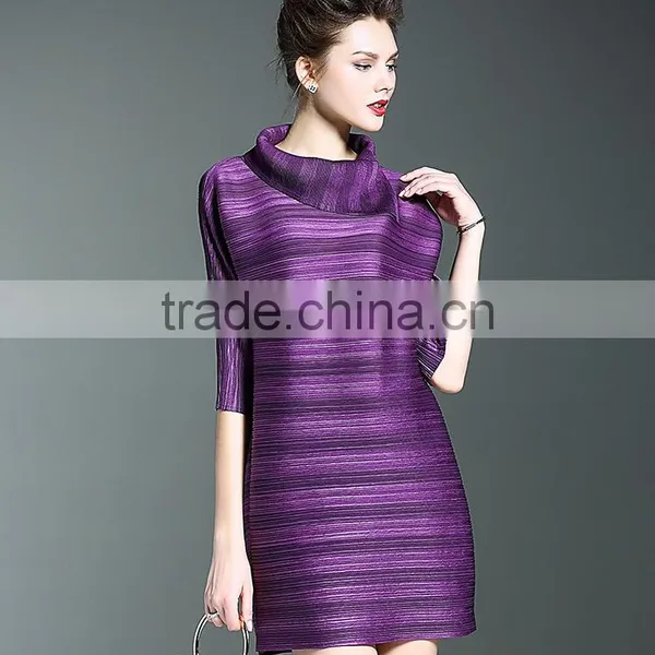 Women Striated Polo Neck Casual Pleated Dresses photo-6
