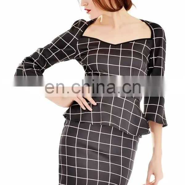2015 New Product Elegant Fancy Windowpane Plaid Print Women Peplum Dress Long Sleeve Wholesale photo-3
