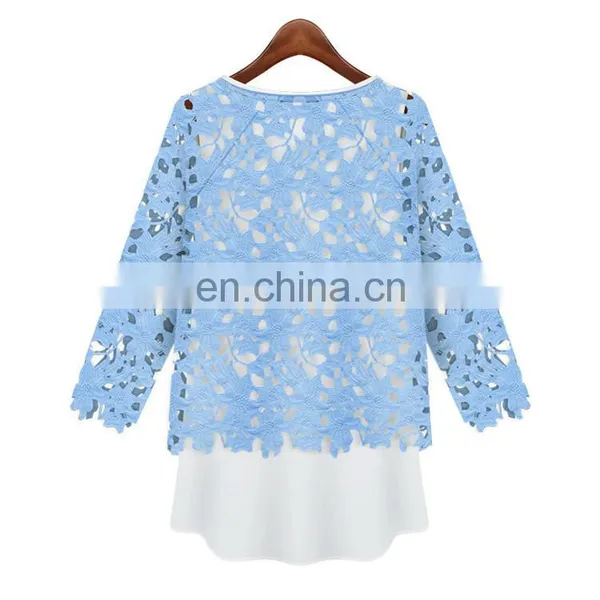 Lady Fashion Round Neck Lace Blouse With Chiffon Tank Top photo-2