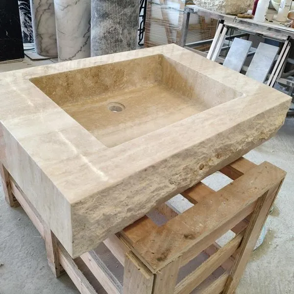 Luxury Natural Travertine and Marble Countertop Wash Basin Sink Minimalist Design Hotel Bathroom Vanity Furniture photo-3