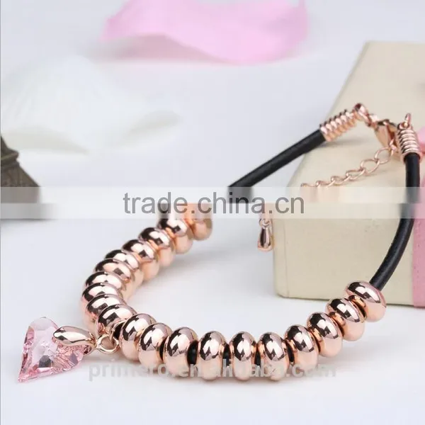 Fashion Austrian Crystal Plated Bracelets Leather Rope Heart Love Beads Bangles Jewelry photo-2