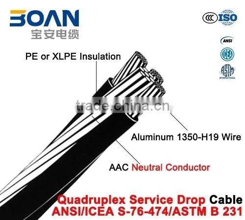 Overhead Quadruplex Service Drop Cable With AAC Neutral ANSI/ICEA S-76-474