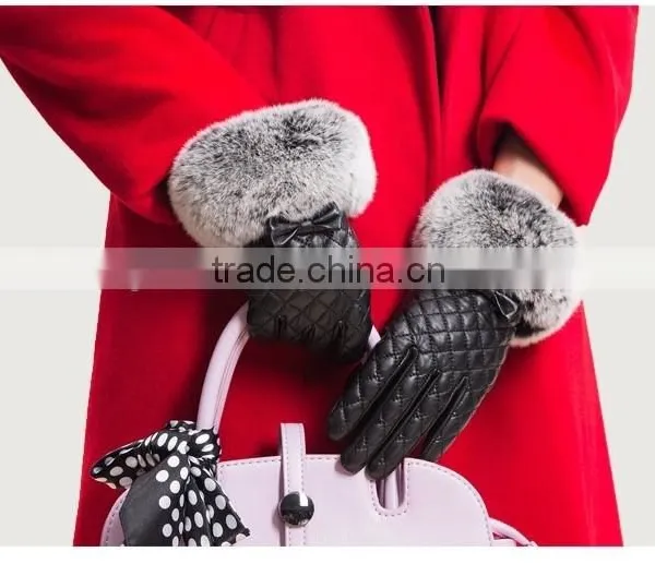 Sheep Leather Lattice Pattern With Bowknot Ornaments Rex Rabbit Fur Trim photo-3