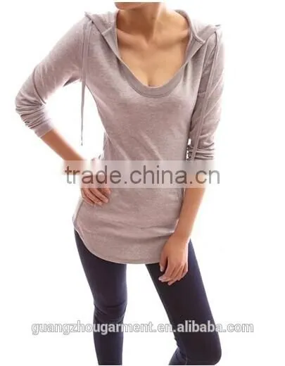 Cotton Hoodie Ribbed Sides Pocket Curve Hem Tunic Casual Top Adult Age Plain Crop Tops,long Sleeve Top,online Clothing Store photo-3