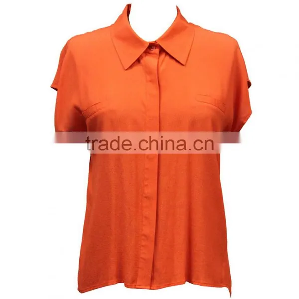 Summer Ladies Fashion New Model Short Sleeve Placket Hidden Loose Fit Plain Dyed Orange Sweet Shirts photo-3
