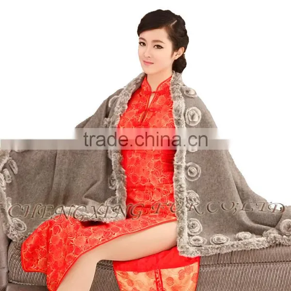 CX-B-P-40C Women Fashion Cashmere Pashmina Shawl With Fur photo-5