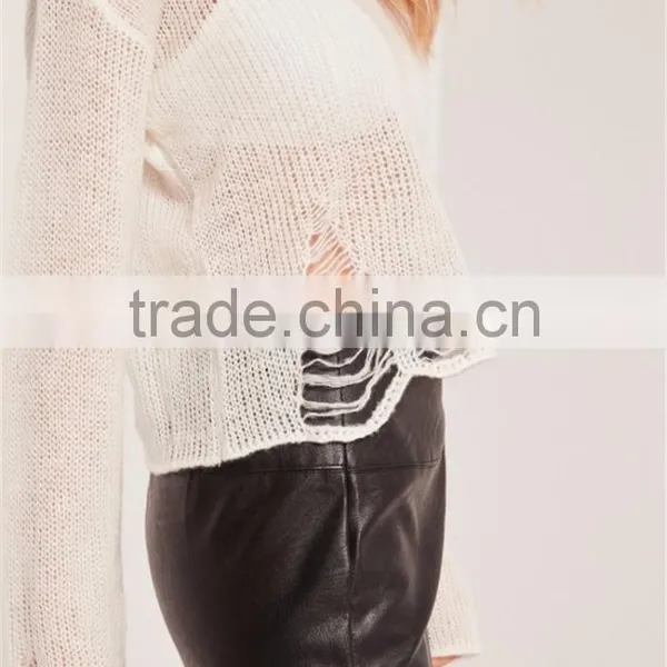 MGOO Newest Design Women Knitwear Sweater Drop Shoulder Loose Neck Distressed Ladder Jumper Cream photo-5