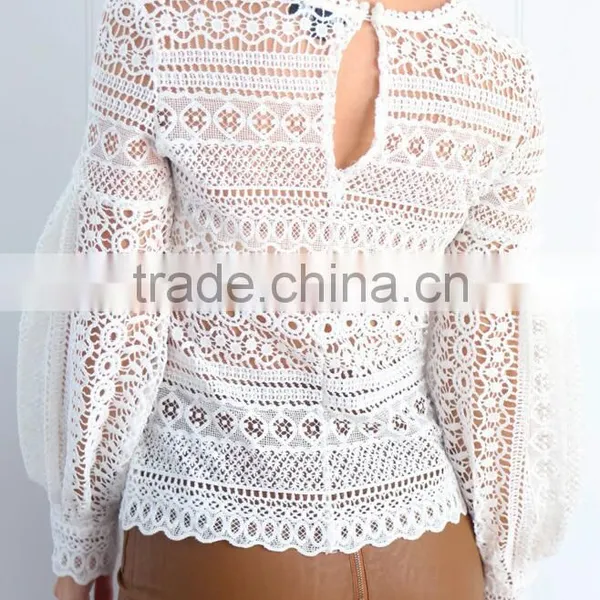 Runwaylover 118 Ladies 2017 Fashion Puff Sleeve Lace Transparent Blouse photo-4
