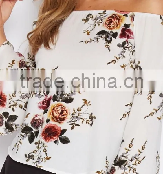 Hot Selling Women Casual Floral Printed off Shoulder Boat Neck Designs Fashion Long Sleeve Blouse for Wholesale 2017 photo-5
