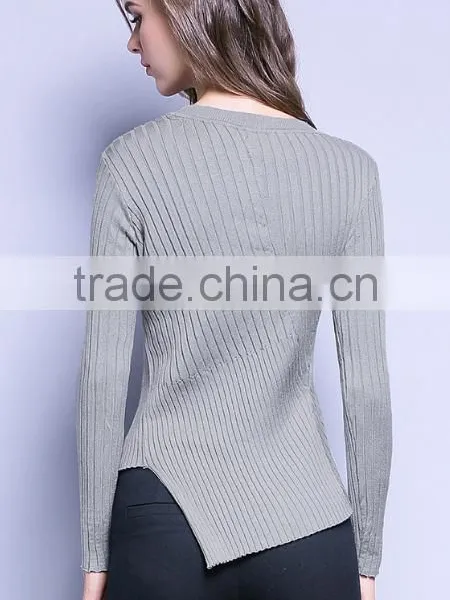 Womens Grey Cotton Knitted Pattern Long Sleeves Pullover Sweaters With Best Price photo-3