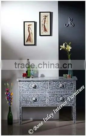Console Tables-Grey Mother of Pearl Inlay Four Drawer
