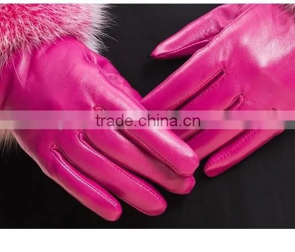 Hot Pink Lamb Leather Gloves With Fluffy Fox Fur Trim Fashion Leather Wrist Gloves photo-5