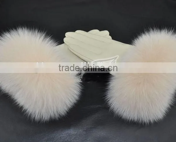Top Luxury Fashion Desgin Beautiful Fox Fur Wrist Ladies Sheepskin Leather Gloves photo-5