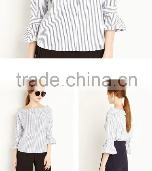 Women's Bell Sleeve Stripe Pattern Round Neck Pleated Blouse photo-6