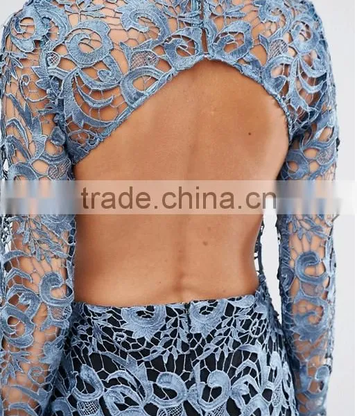 Good Quality Fashion Petrol Blue Bandeau Underlay Kick Split Lace Open Back Dress photo-3